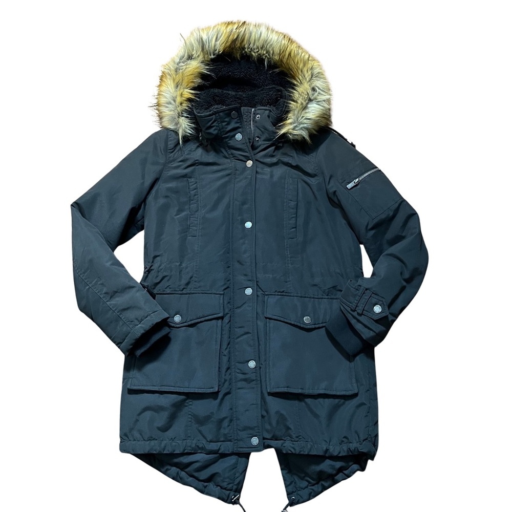 Womens Rachel Roy Black Insulated Long Jacket Removable Faux Fur Hood Size Small